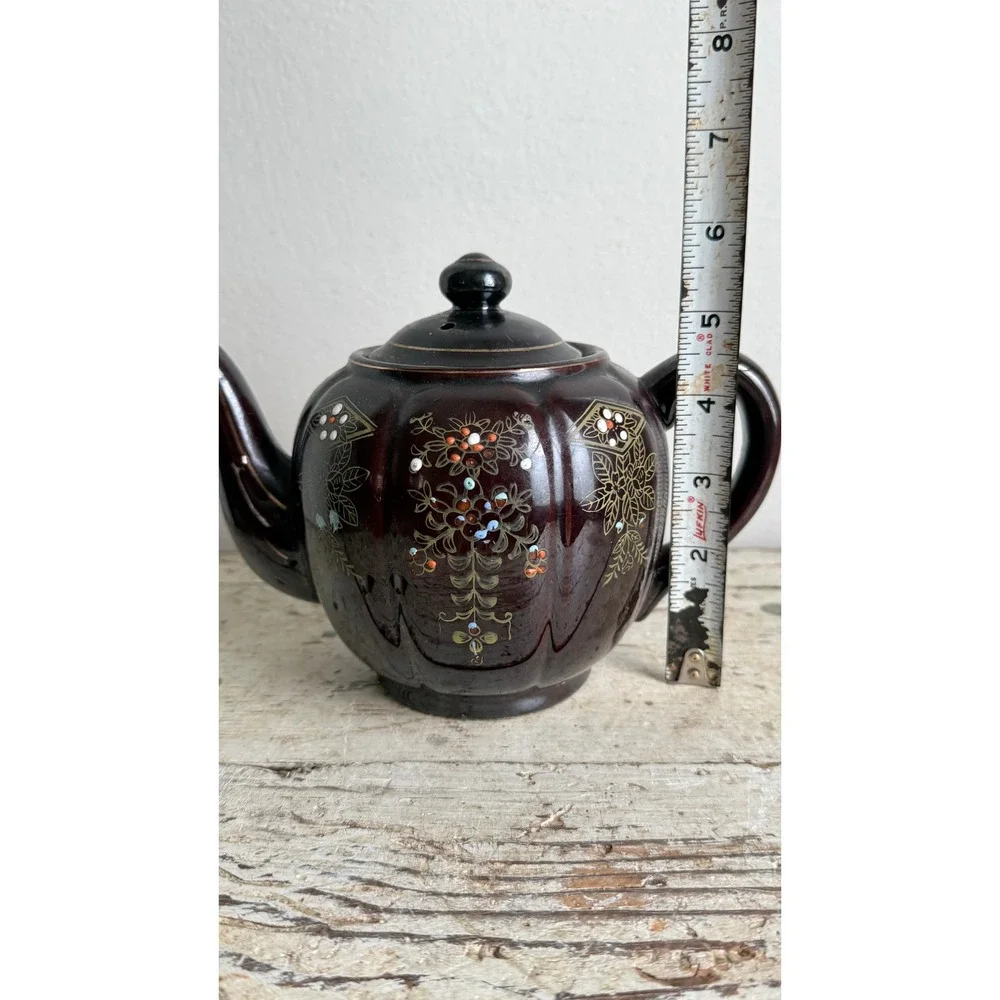 Vintage Japanese Brown Moriage Floral Teapot Hand Painted Made in Japan